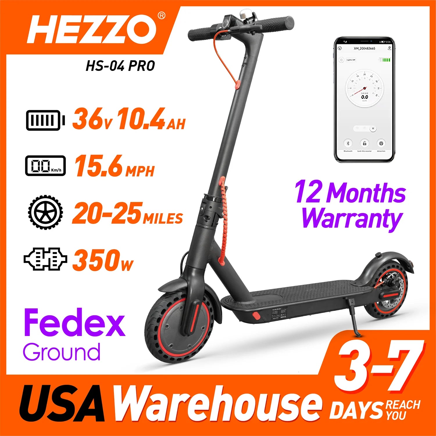 HEZZO 36v 350W 10.4Ah 15.6MPH Electric Scooter Adult HS-04-Pro S